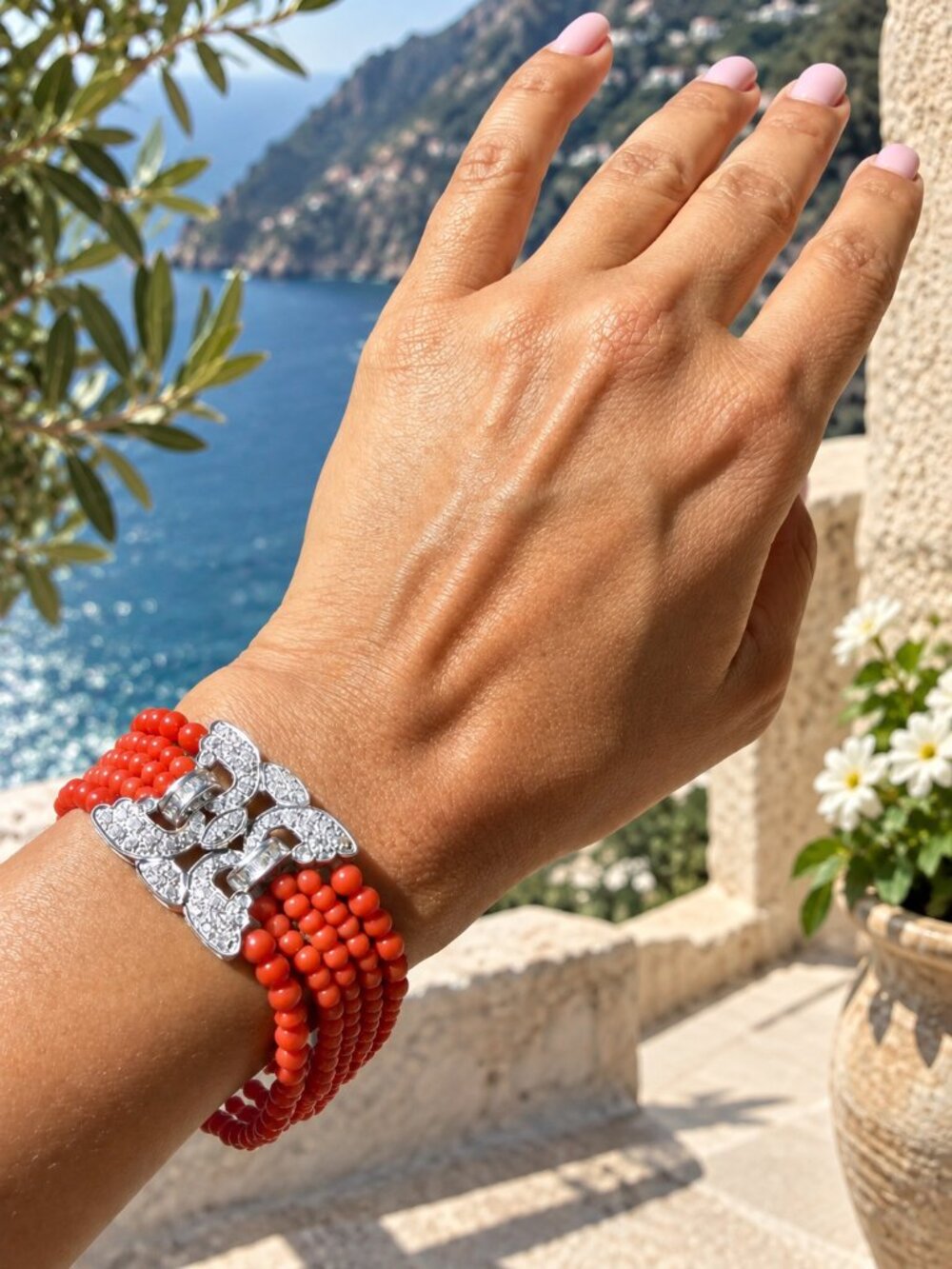 Estate Sardinian Mediterranean Coral, Platinum & Baguette Diamond Bracelet